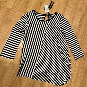 Cable & Gauge Womens Tunic Top Size L Black White Striped Asymmetric Hem Keyhole